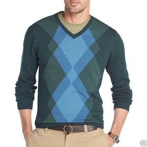 Van Heusen Men’s Green Blue Argyle V-Neck Pullover Sweater Size XL
